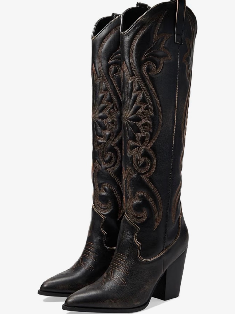 Steve Madden Black Lasso Over-the-Knee Western Boots with Brown Embroidery
